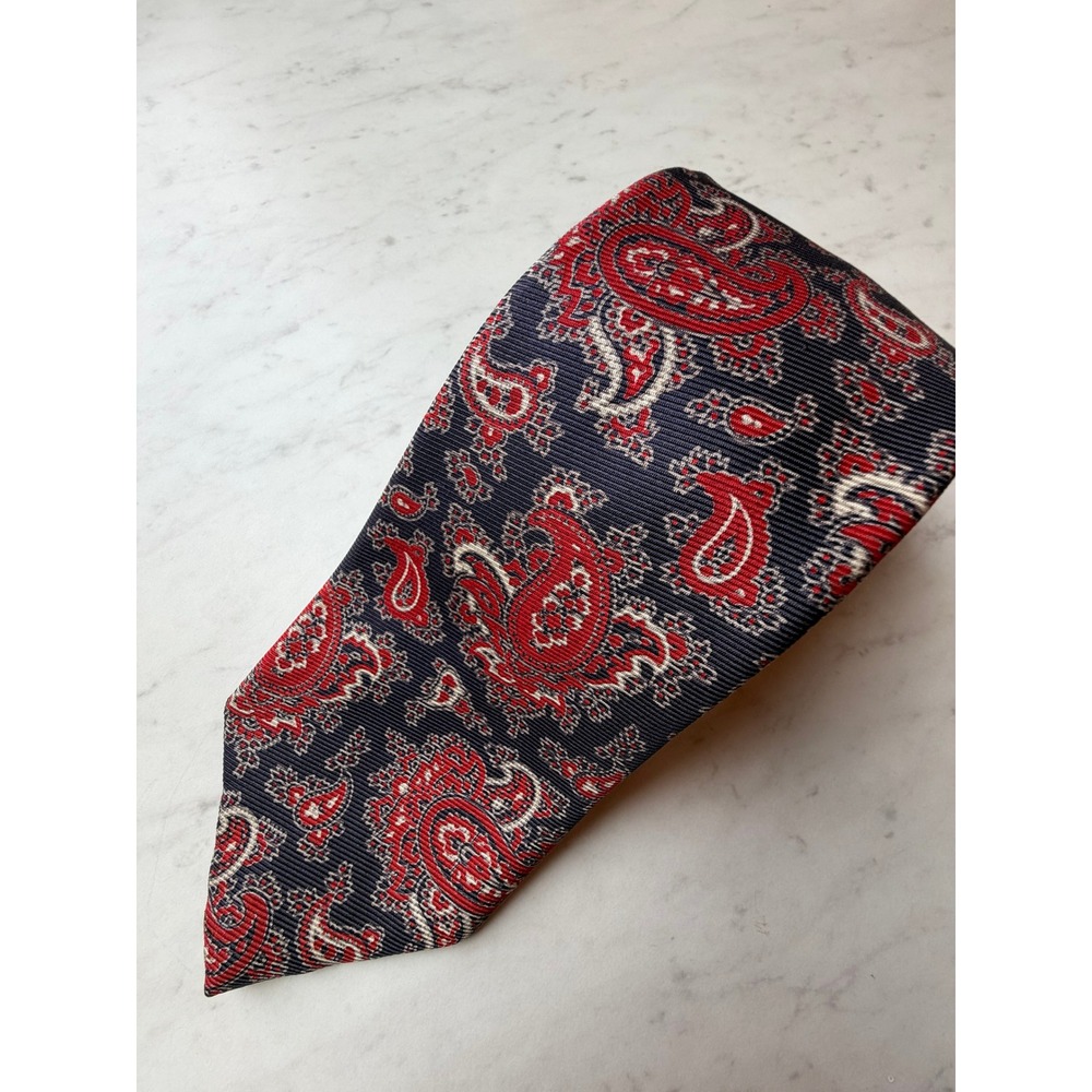 VTG Polo Ralph Lauren Silk Paisley Tie Navy Blue Red Hand Blocked England